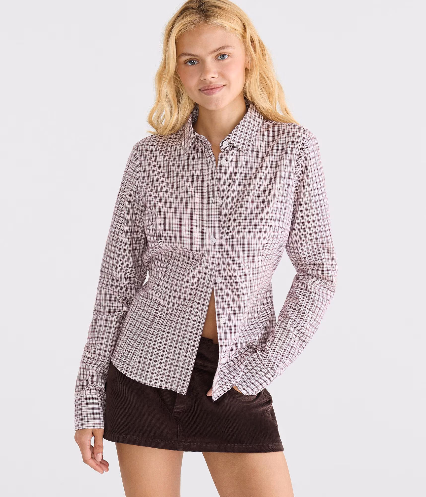 Long Sleeve Plaid Tie-Back Fitted Shirt cream