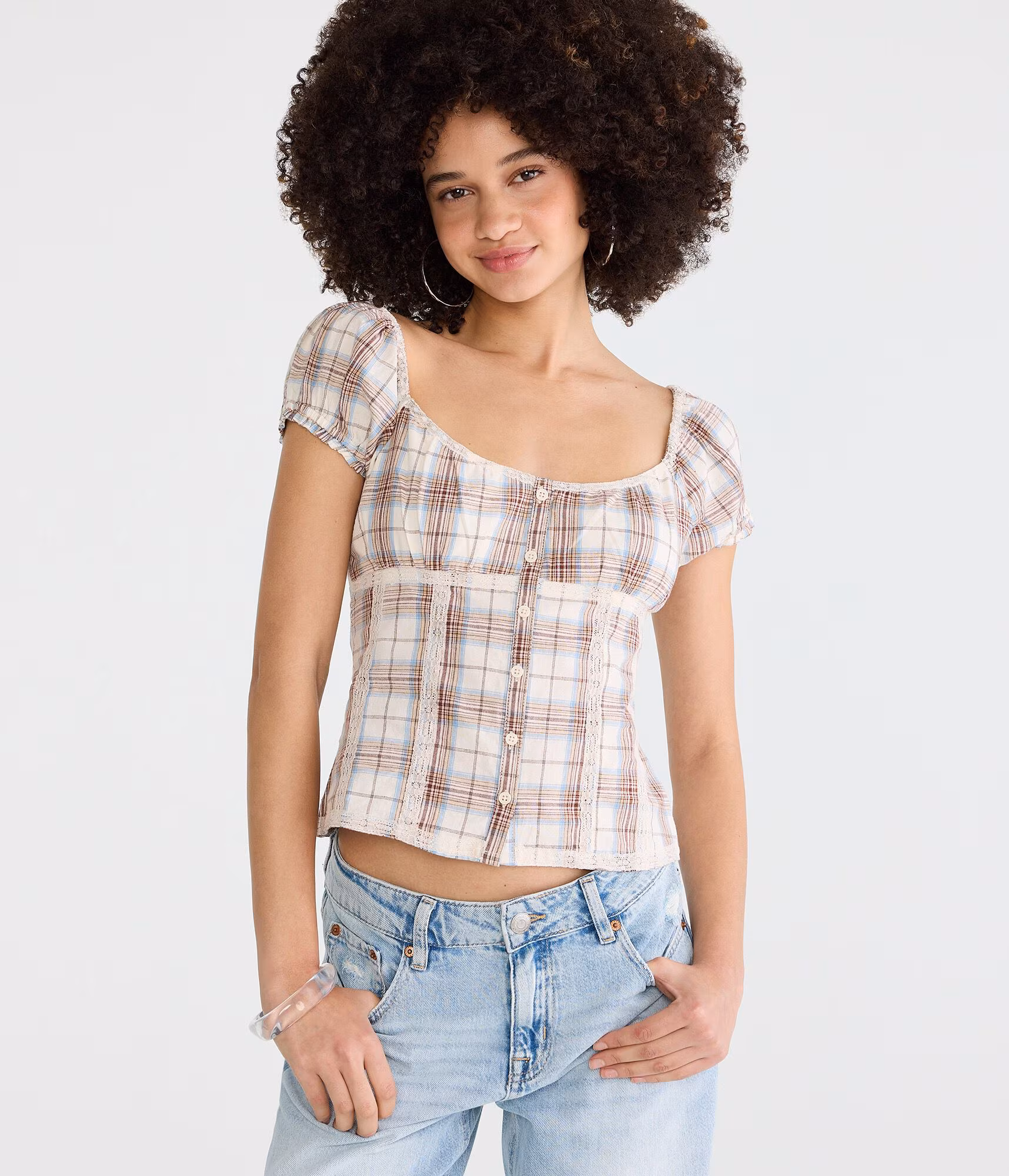 Plaid Button-Front Scoop-Neck Blouse cream