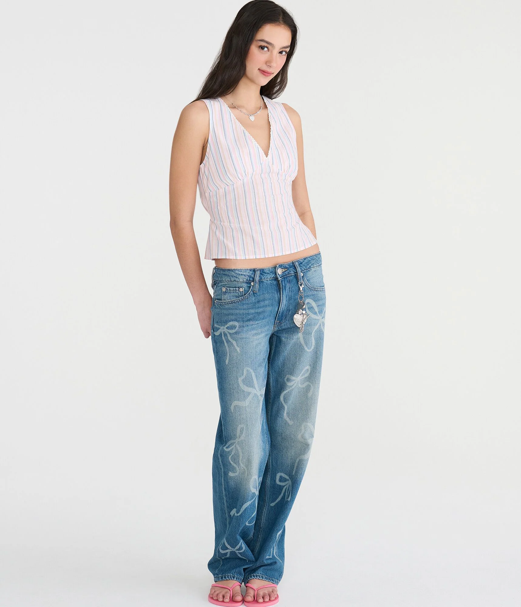 Striped Tie-Back V-Neck Tank Top cream