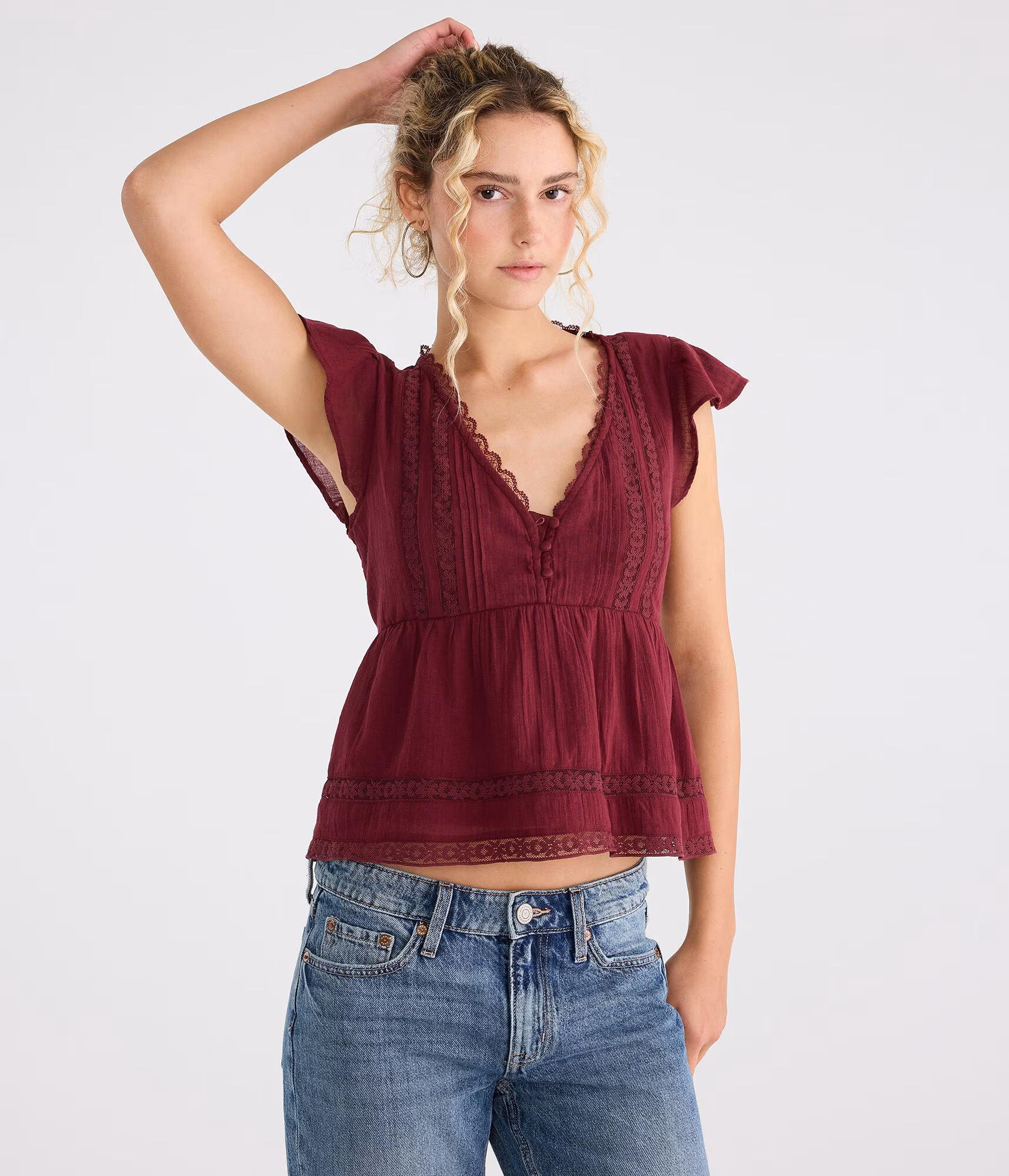 Lace & Pintuck V-Neck Tie-Back Blouse rustic wine