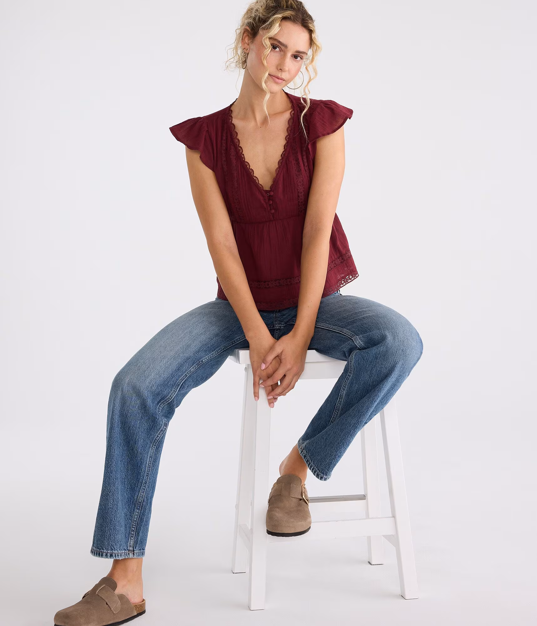Lace & Pintuck V-Neck Tie-Back Blouse rustic wine