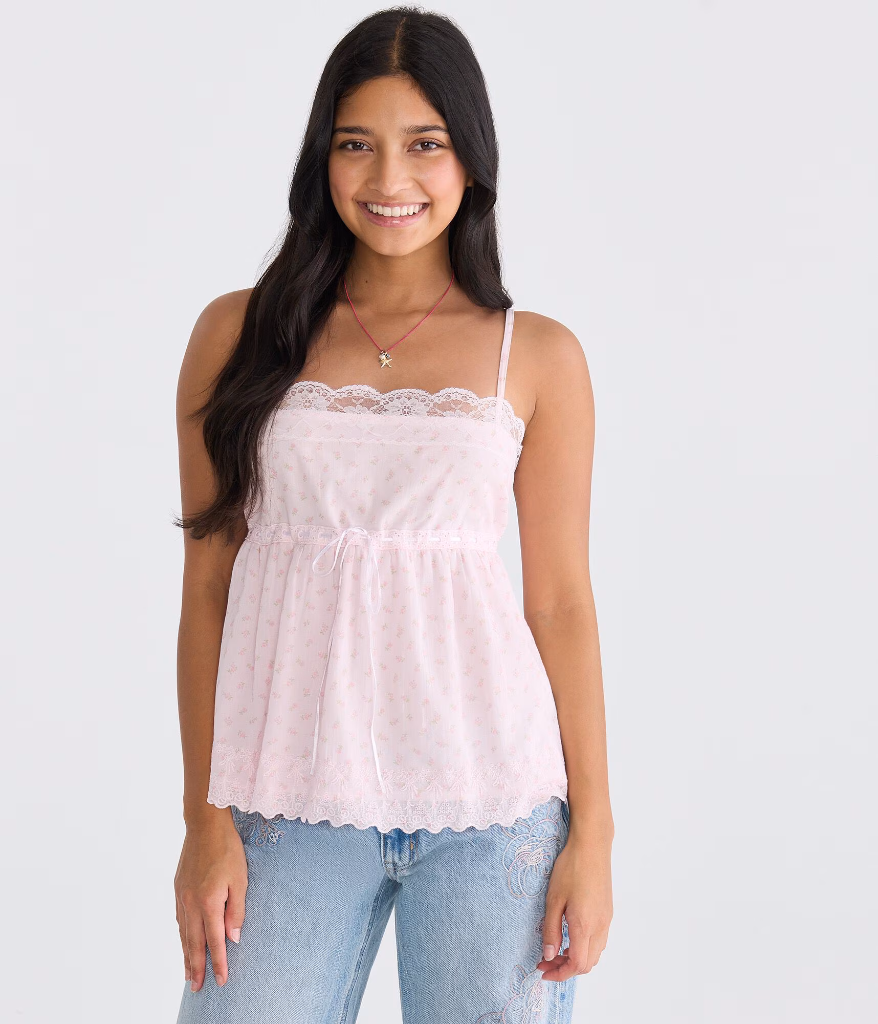 Floral Bow Lace-Trim Square-Neck Cami pink bluff