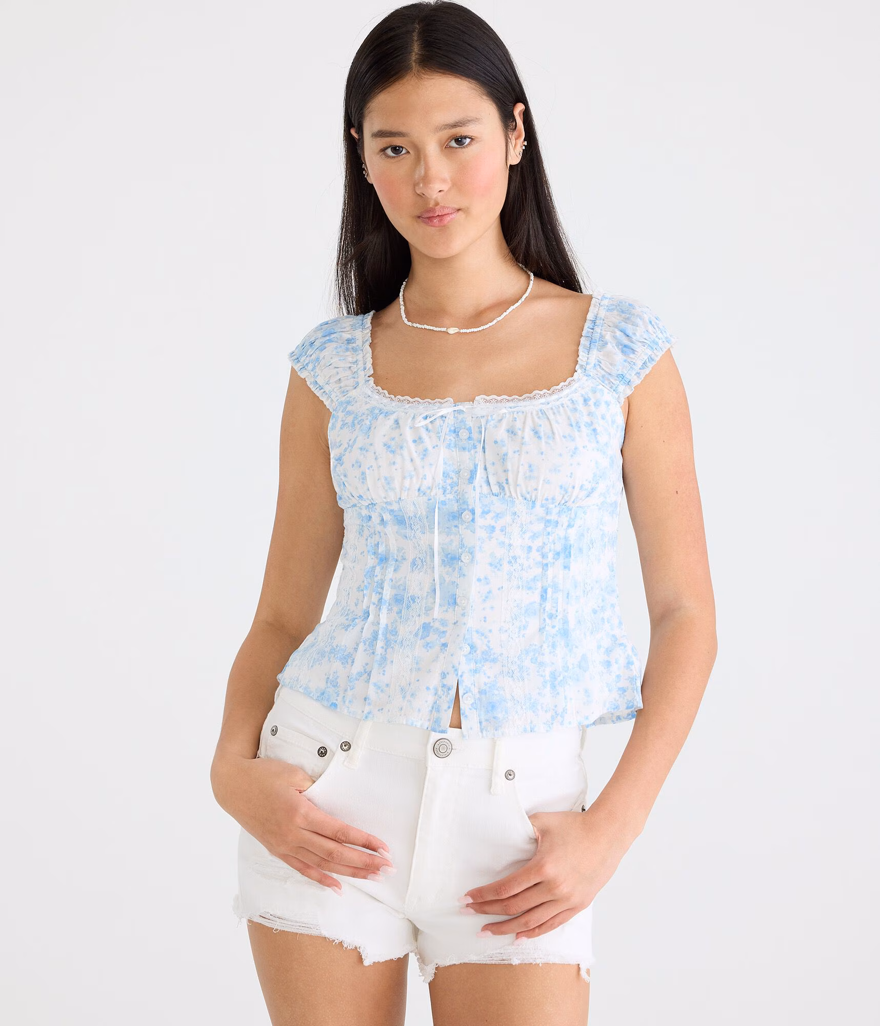 Floral Pintuck & Lace Scoop-Neck Corset Top cream