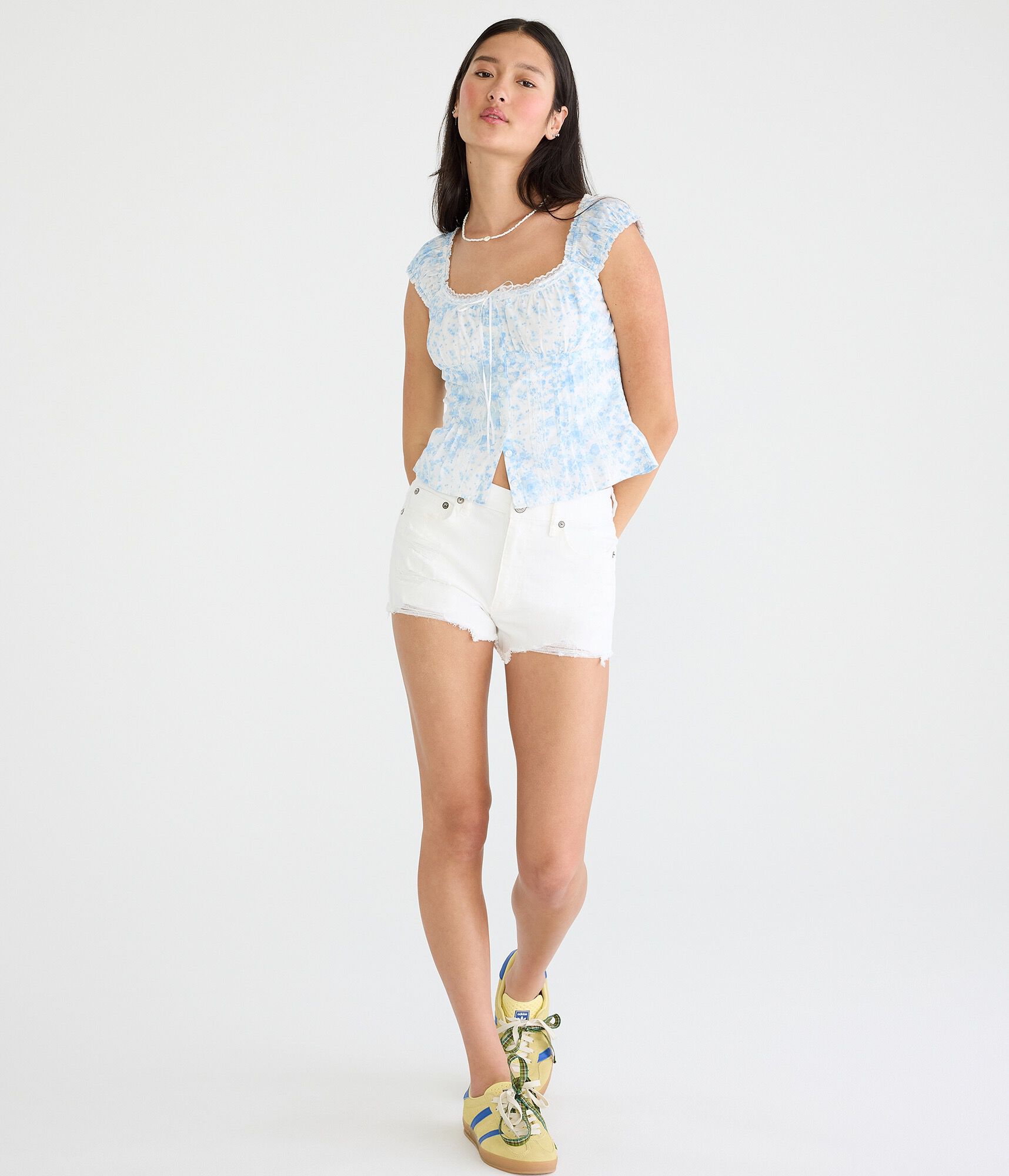 Floral Pintuck & Lace Scoop-Neck Corset Top cream