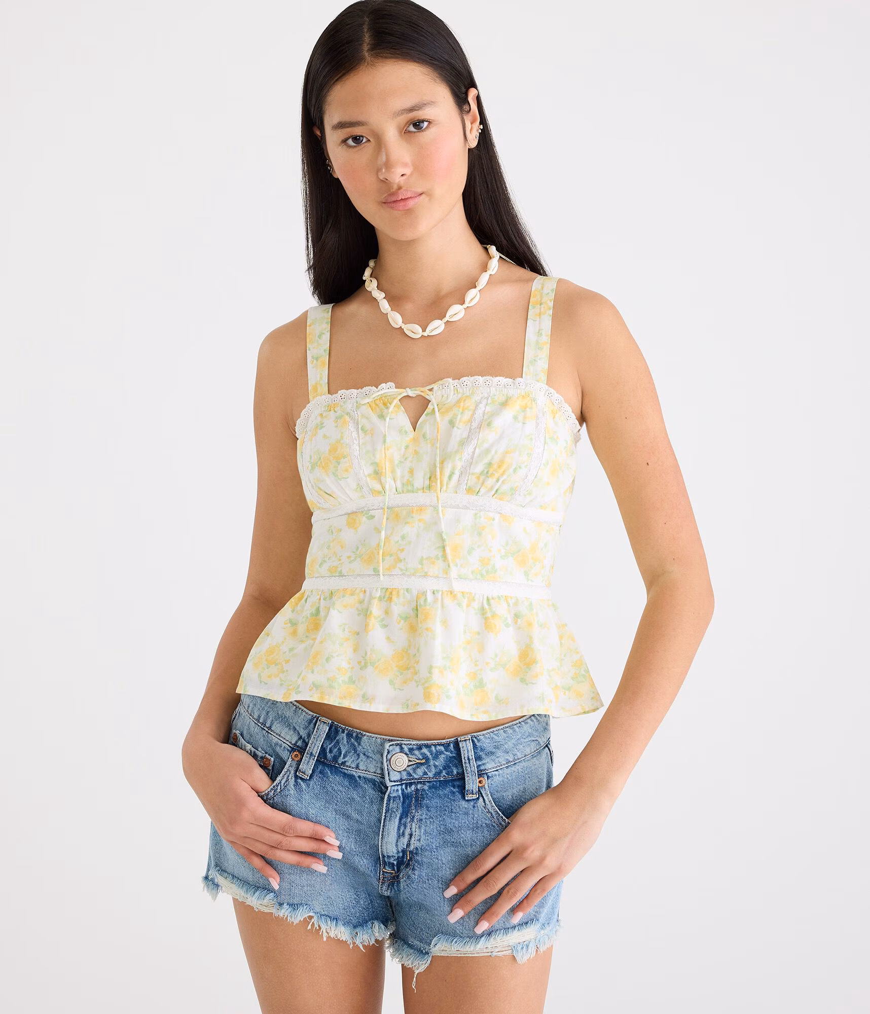 Floral Lace Inset Square-Neck Tank Top cream