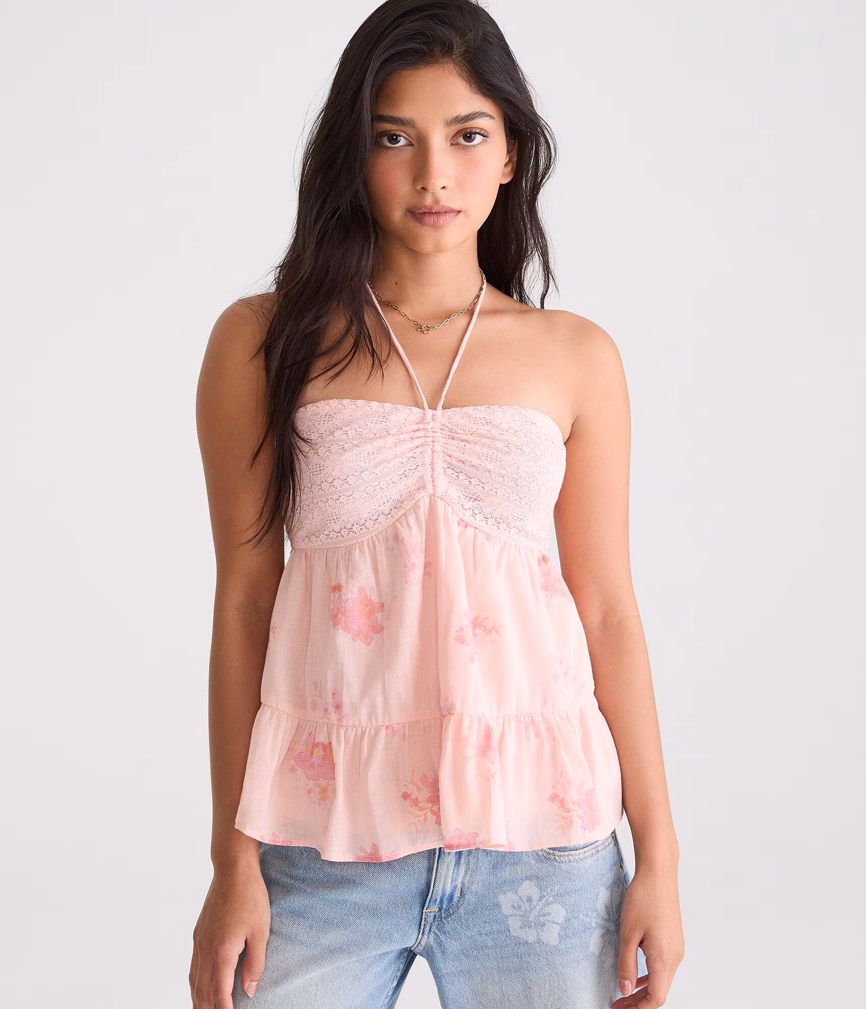 Floral Crocheted Halter Top pink flambe