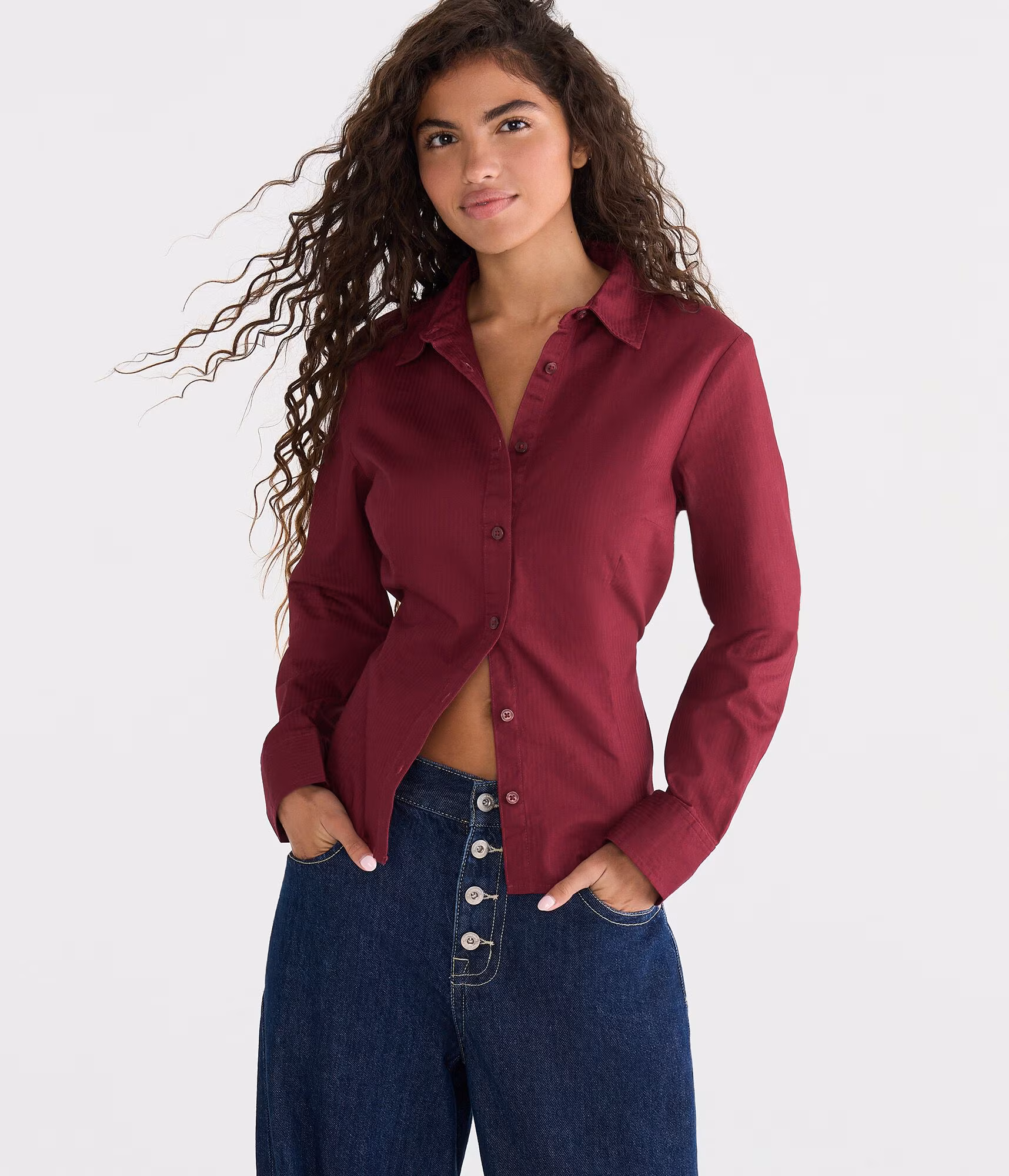 Long Sleeve Tonal Stripe Tie-Back Fitted Shirt rustic wine