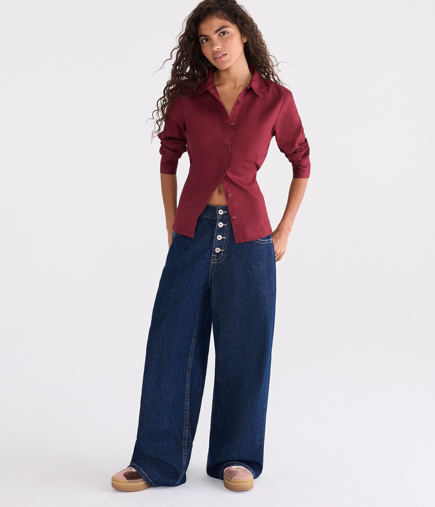 Long Sleeve Tonal Stripe Tie-Back Fitted Shirt rustic wine
