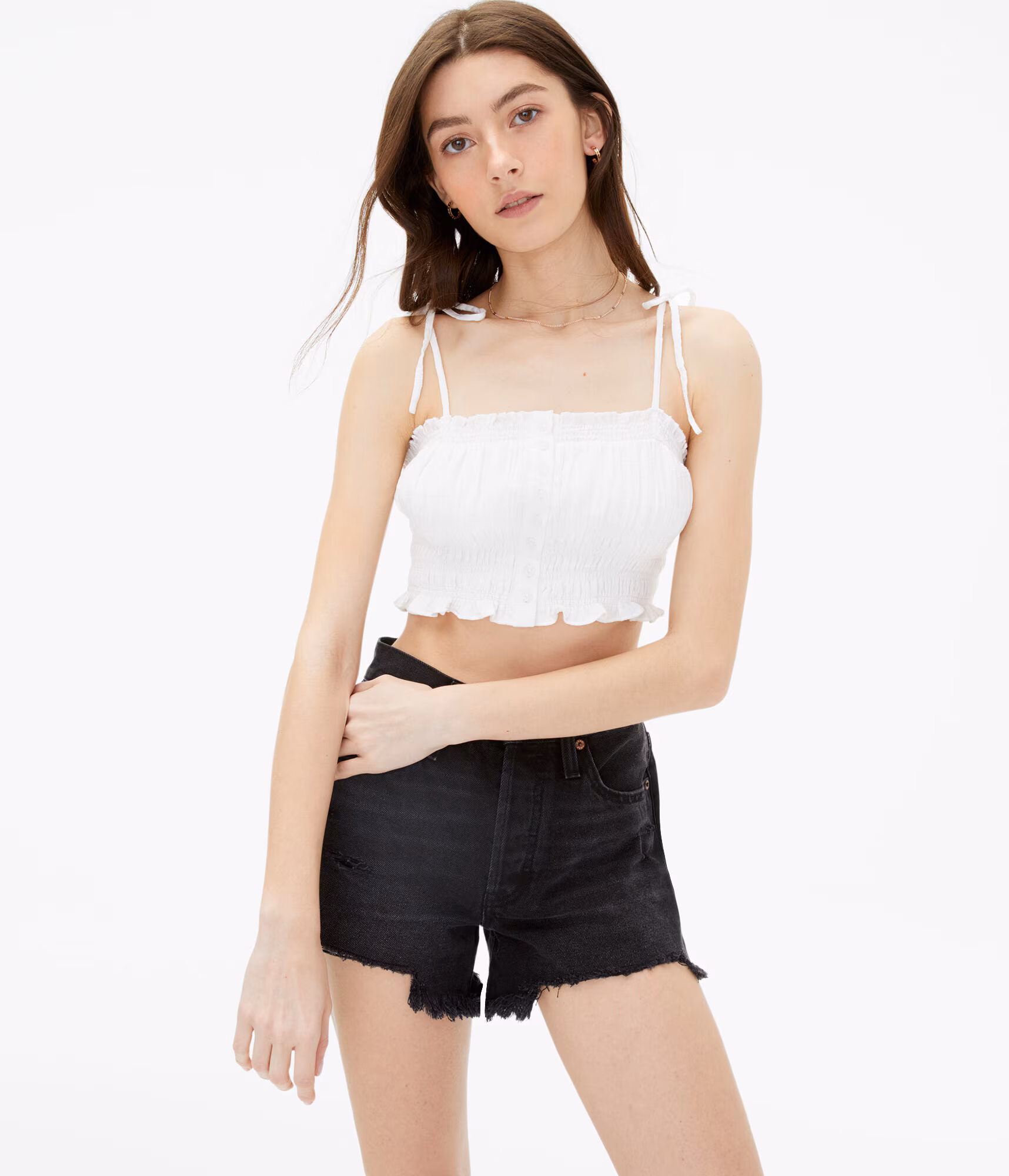 Smocked Button-Front Cropped Tie Tank cream