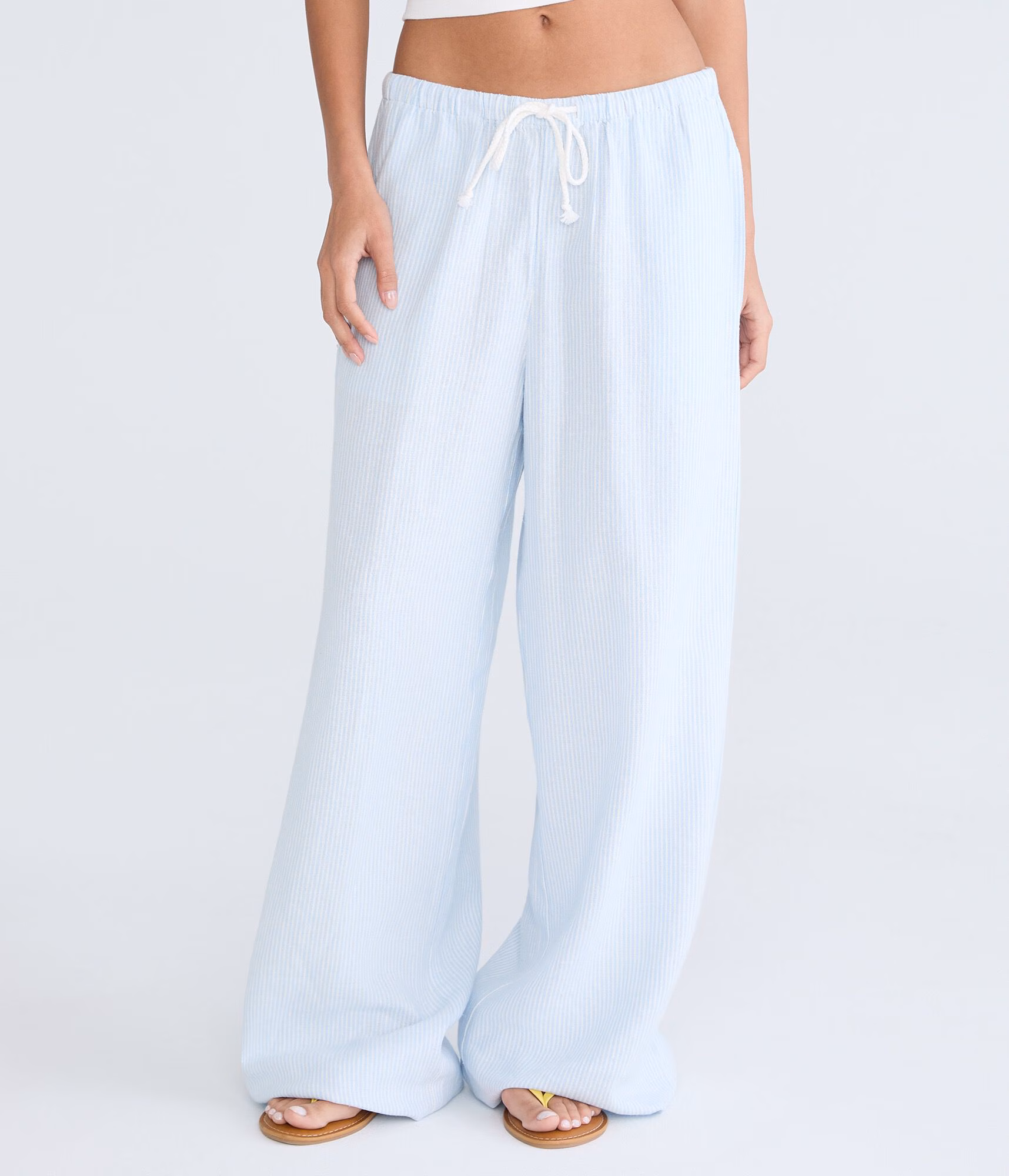 Low-Rise Striped Drawstring Linen Pants skylark blue