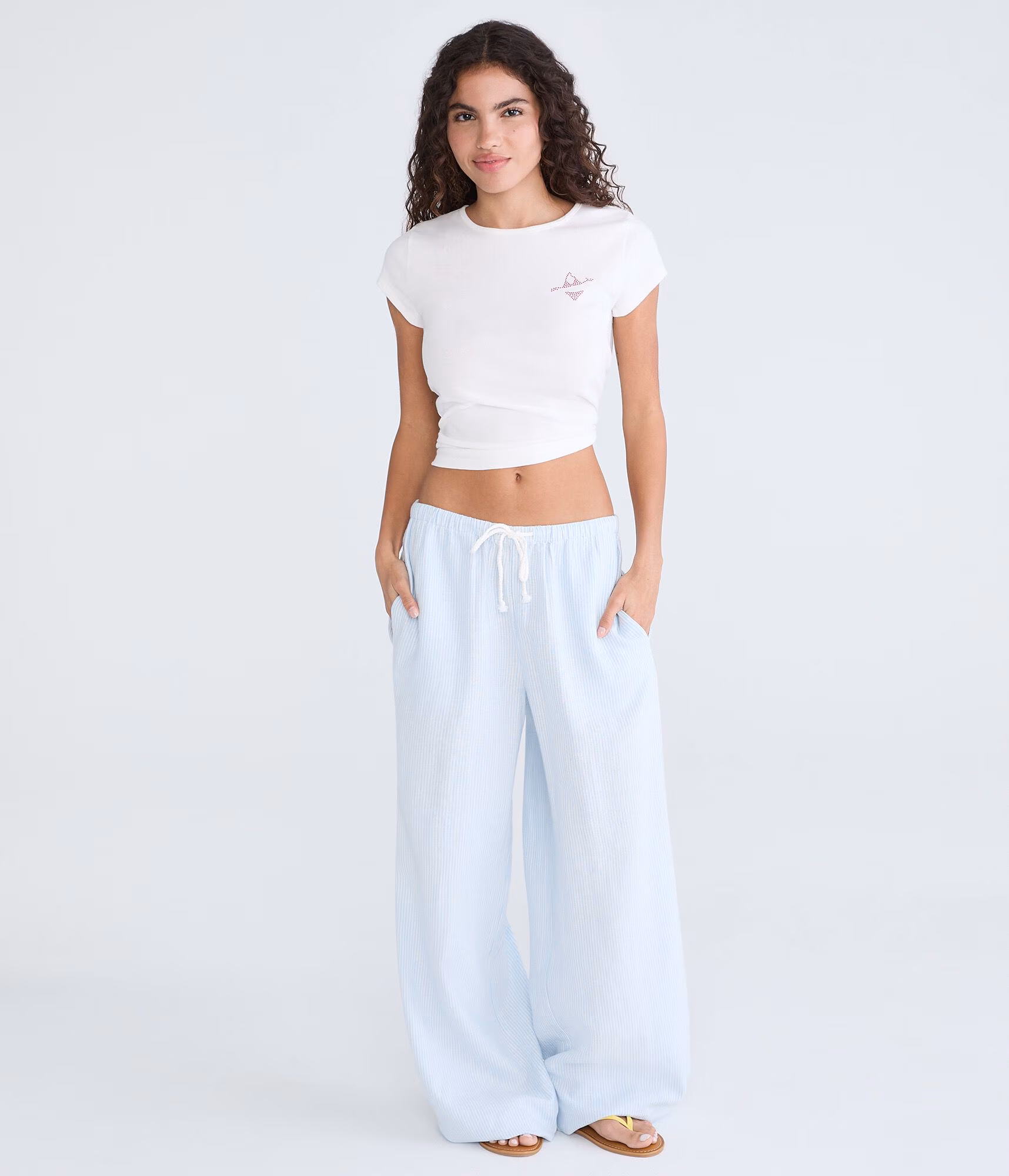 Low-Rise Striped Drawstring Linen Pants skylark blue