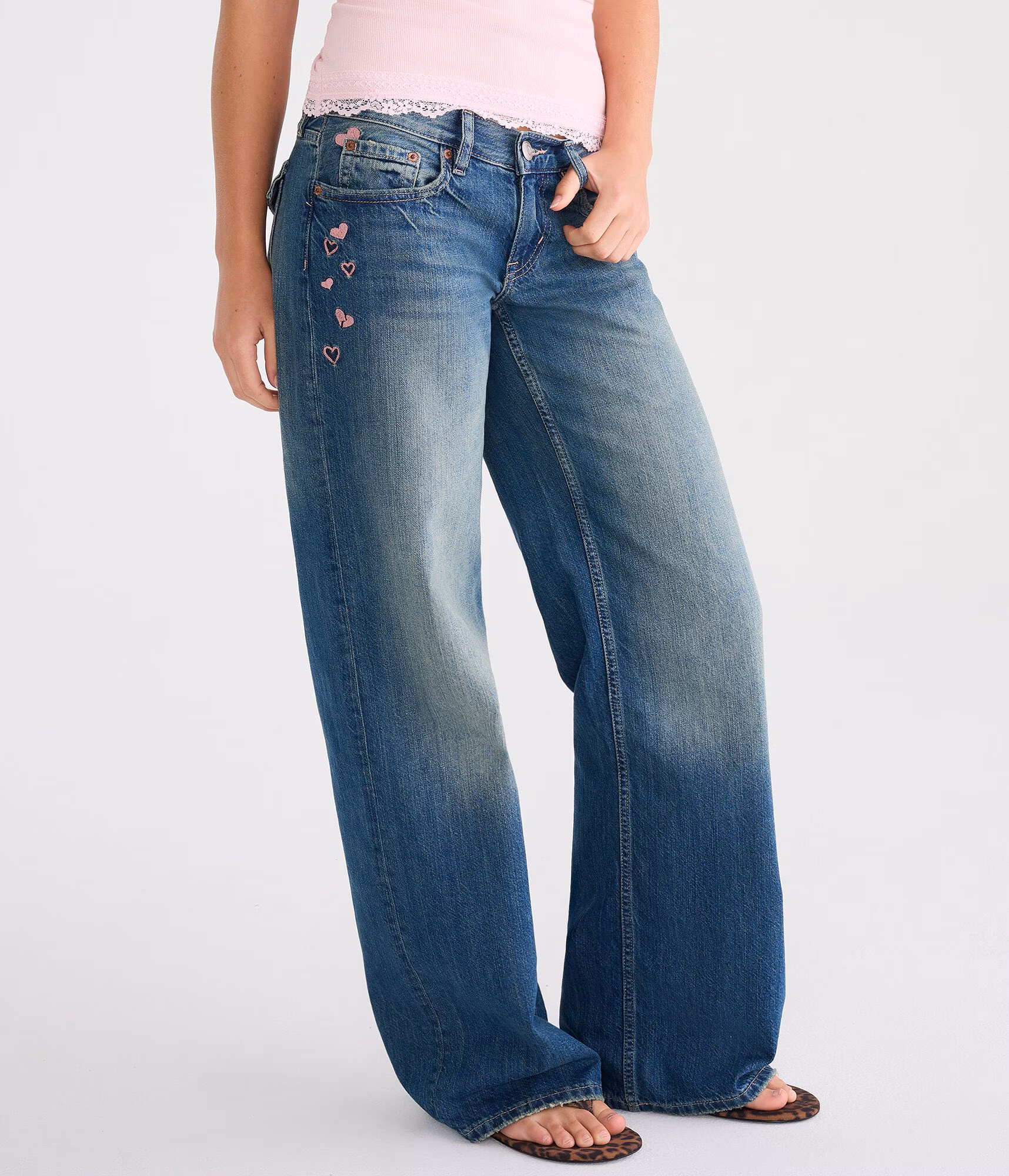 Super Low-Rise Baggy Wide Leg Hearts Jean dark wash