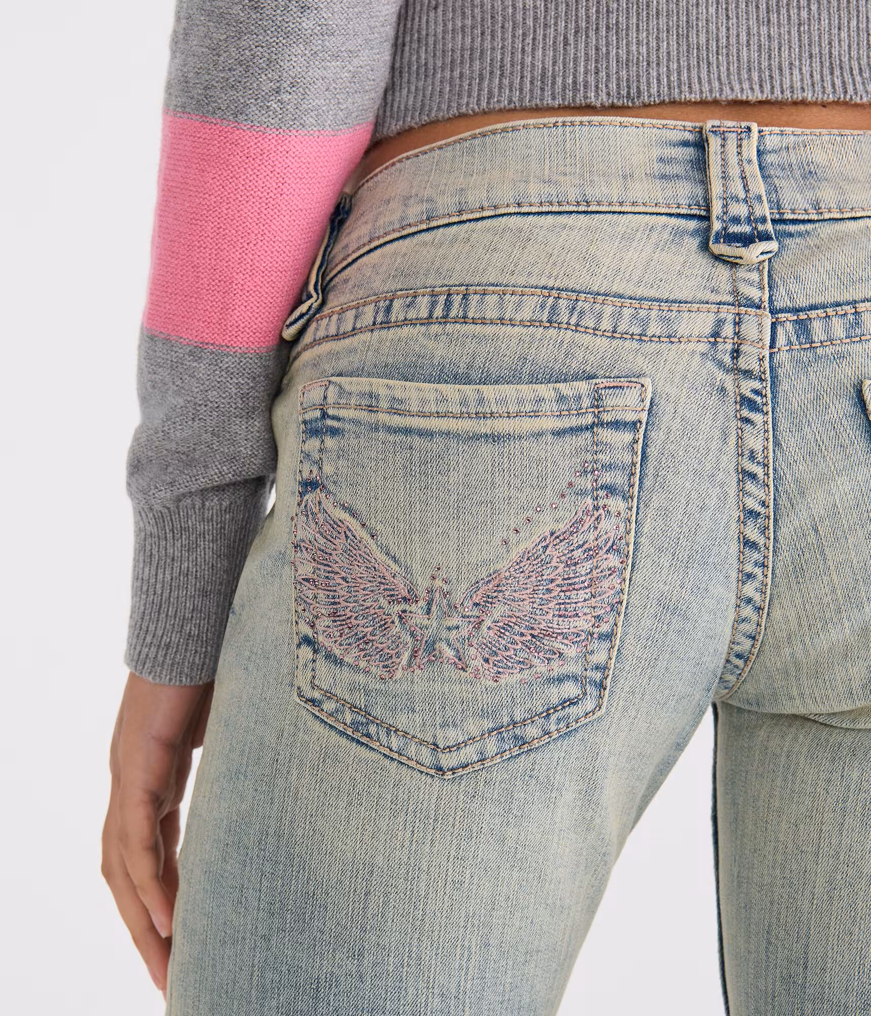 Super Low-Rise Bootcut Rhinestone Wings Jean light wash