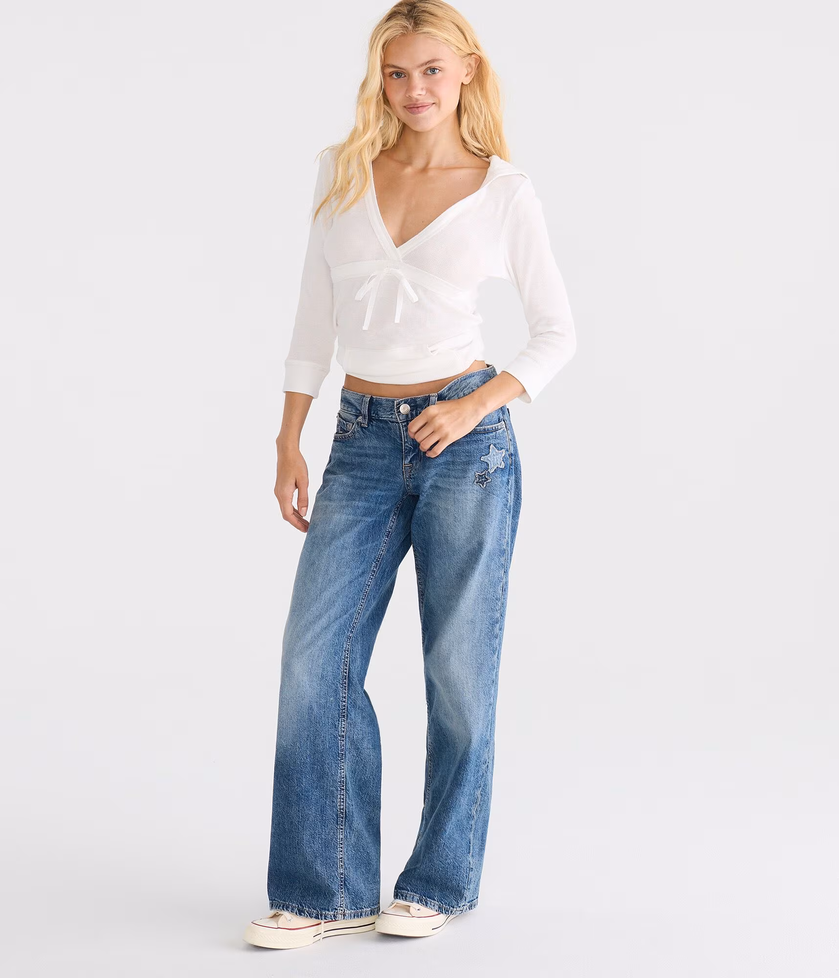 Super Low-Rise Baggy Wide Leg Denim Stars Jean dark wash