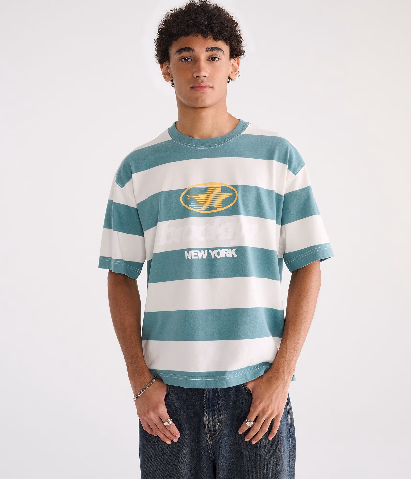 Brooklyn Star Striped Heavyweight Boxy Graphic Tee blue coral