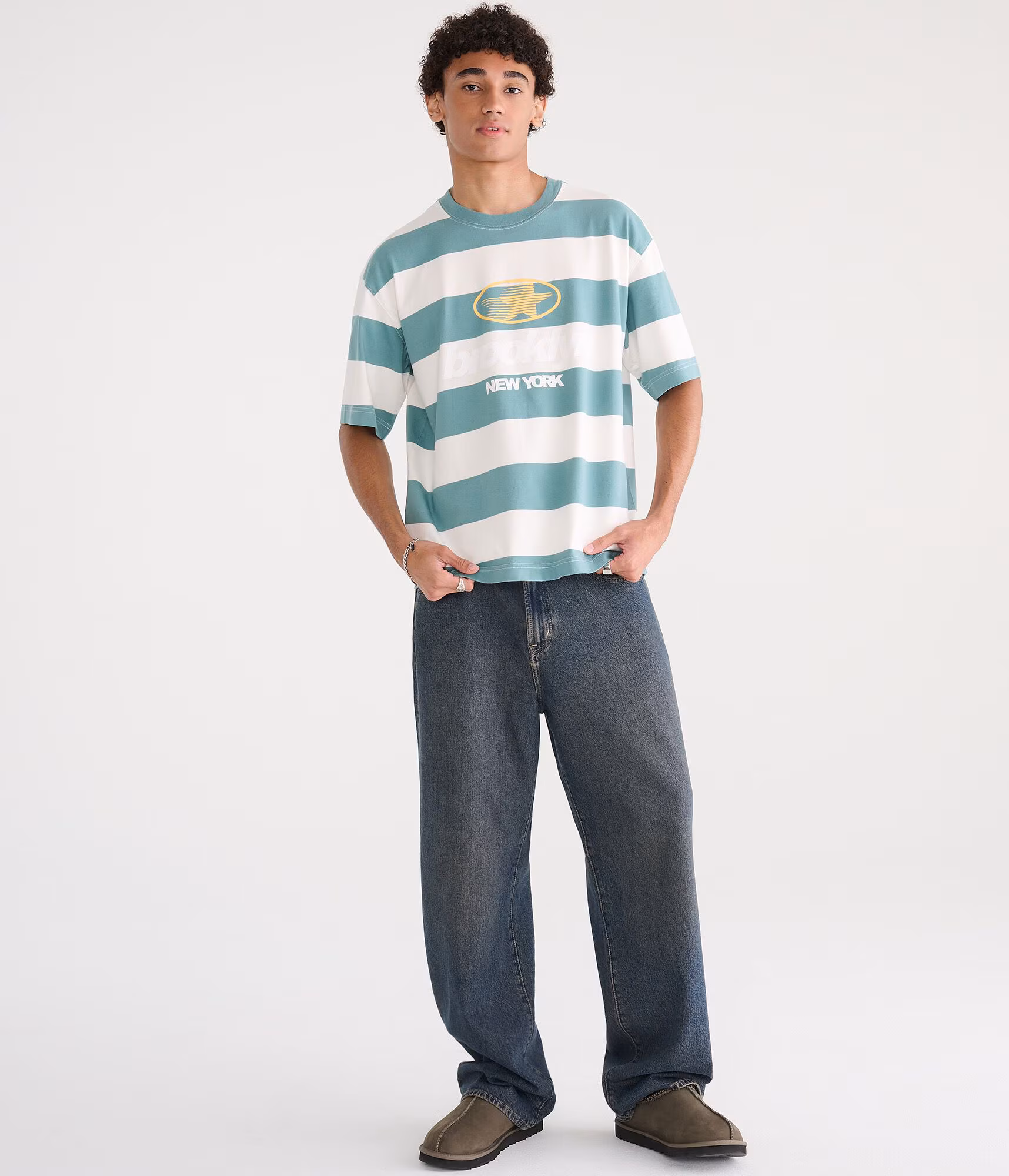 Brooklyn Star Striped Heavyweight Boxy Graphic Tee blue coral