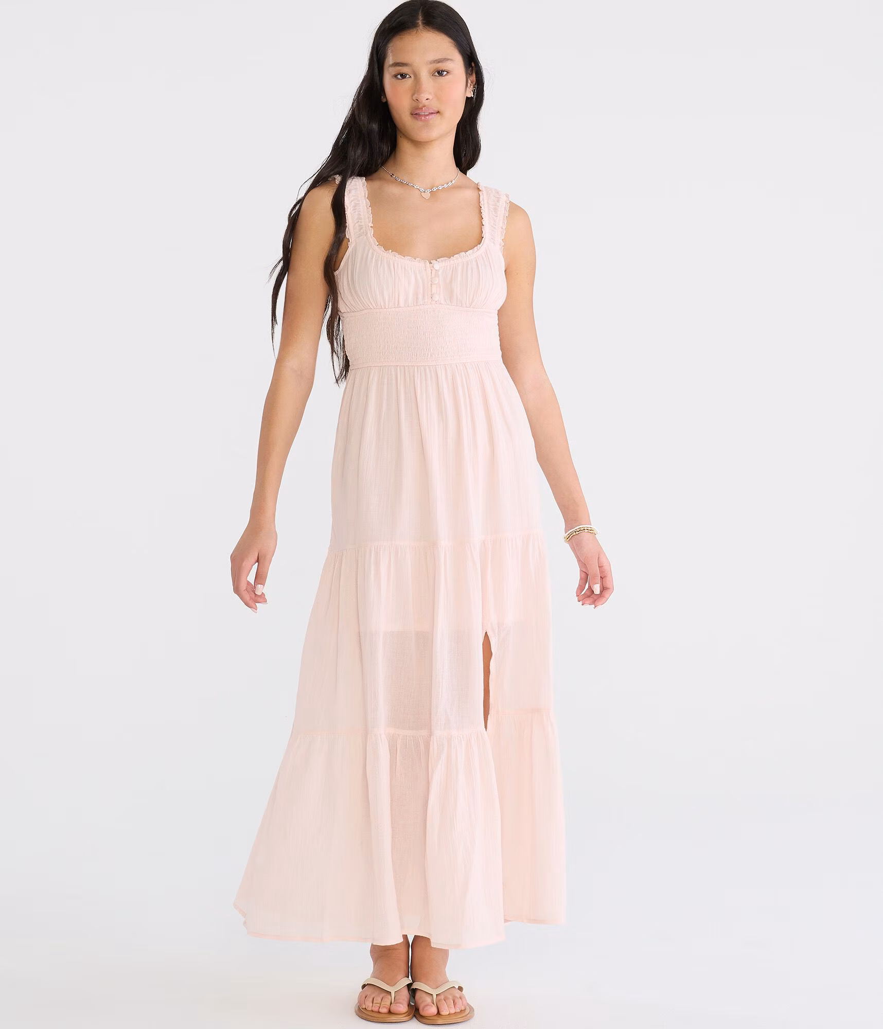 Solid Scoop-Neck Smocked Maxi Dress barely pink