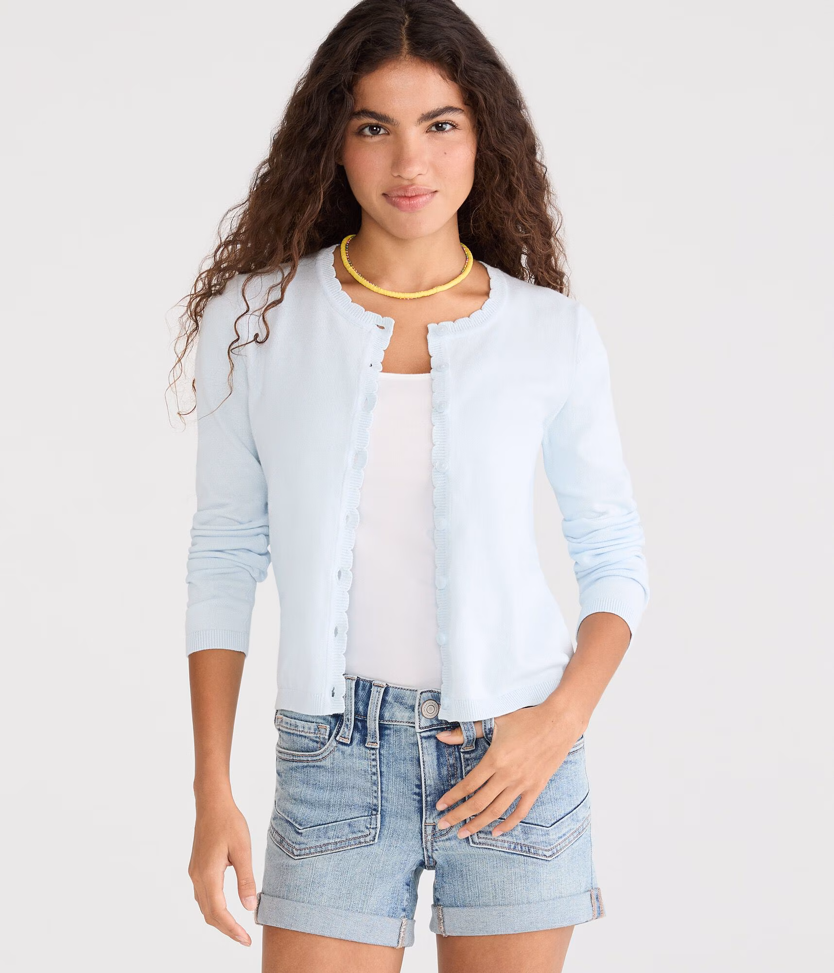Scalloped Crew Cardigan spirit blue