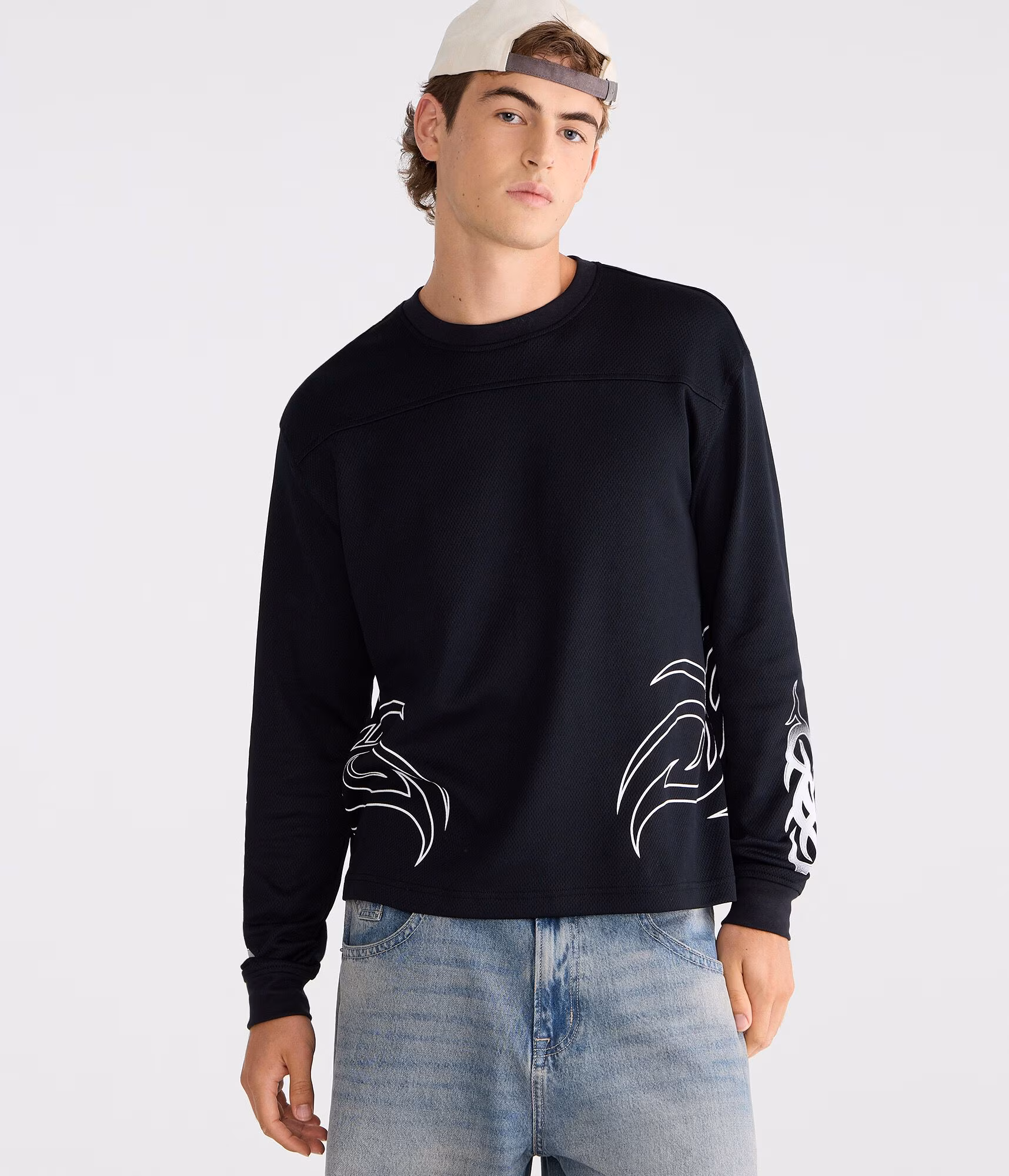 Long Sleeve Tribal Tattoo Boxy Mesh Jersey black fox