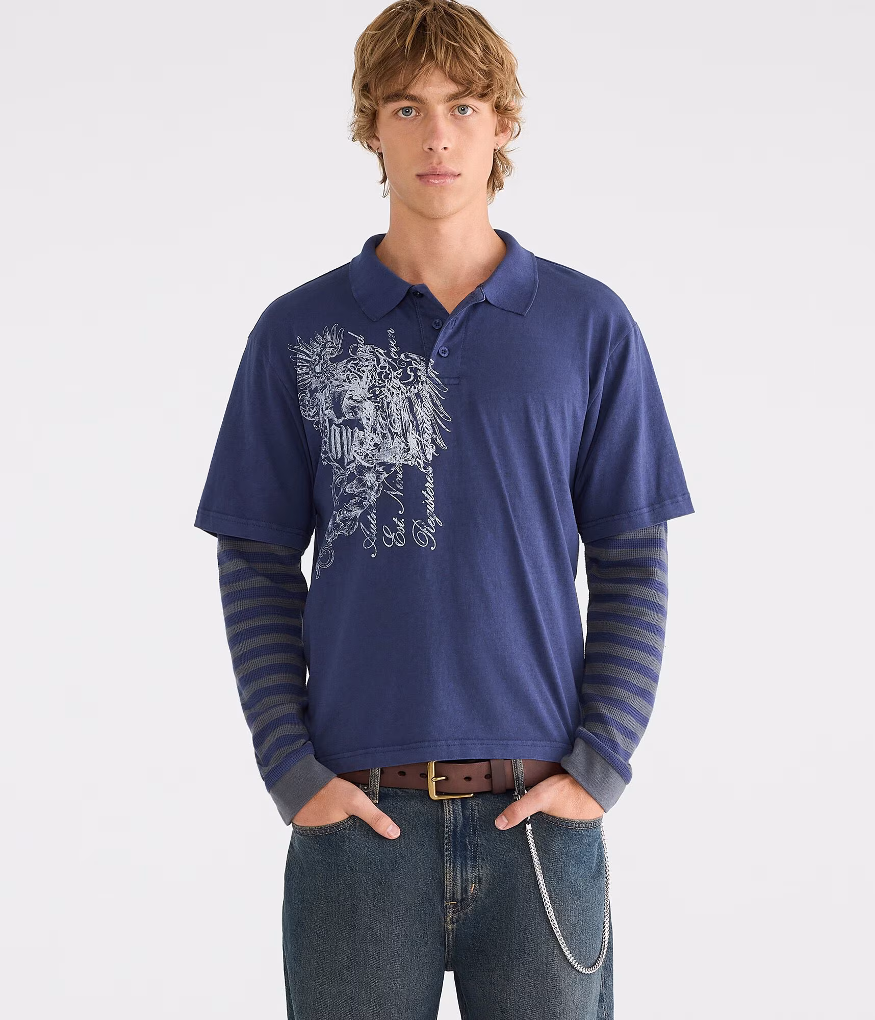 Long Sleeve Eagle Crest Graphic 2Fer Polo gunmetal
