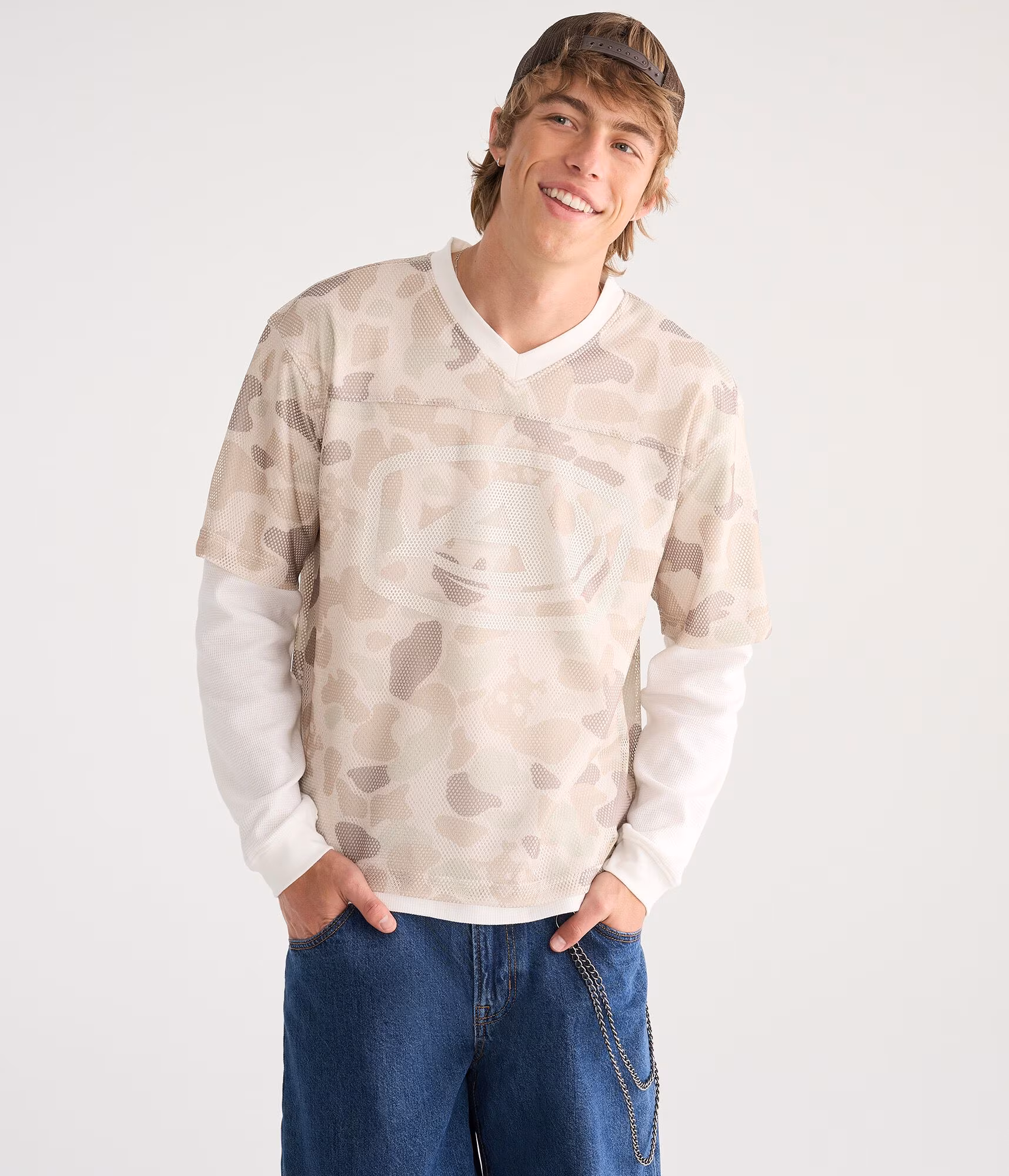 Long Sleeve Skull Camo Boxy Mesh Jersey 2Fer Tee cream