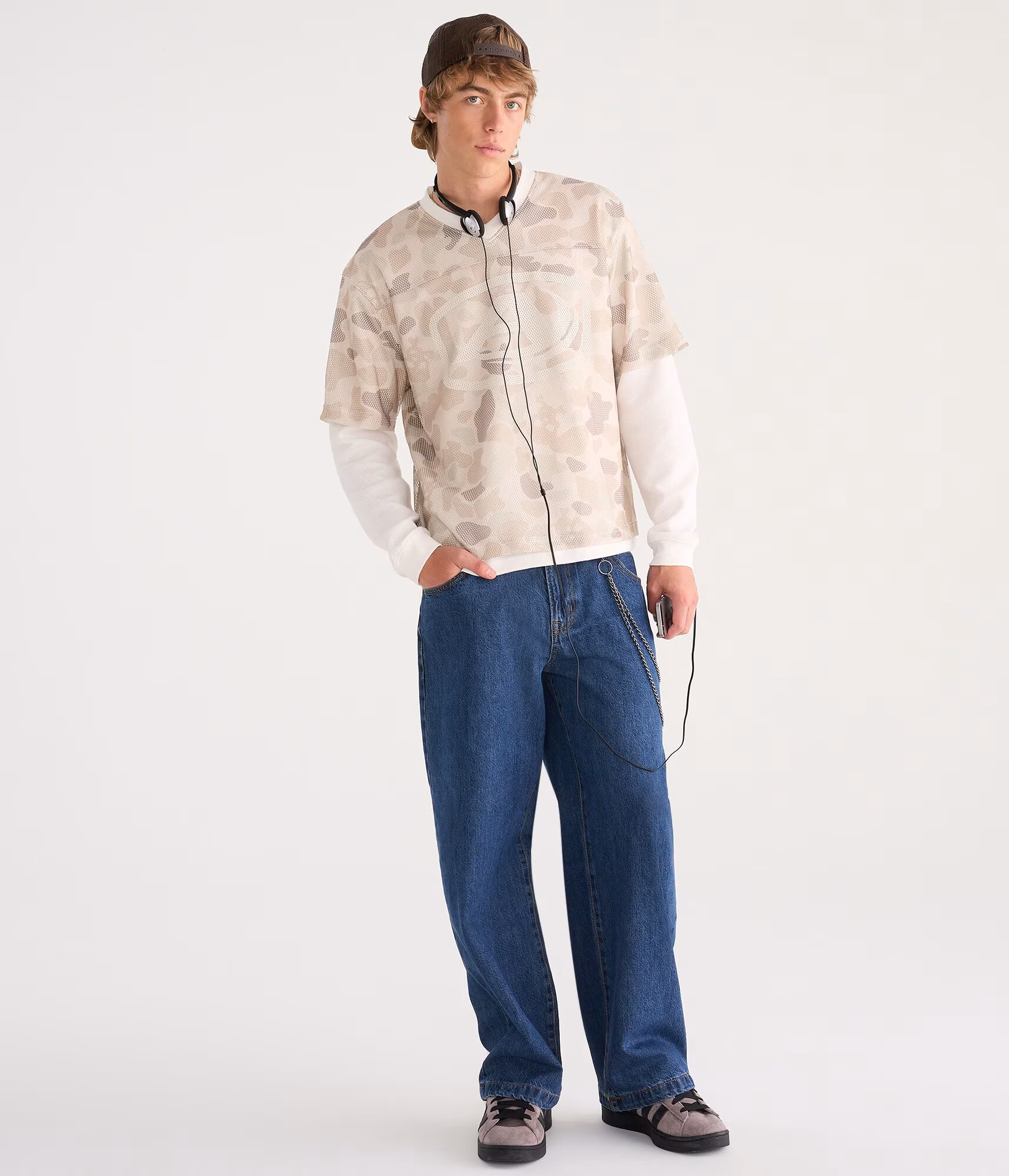 Long Sleeve Skull Camo Boxy Mesh Jersey 2Fer Tee cream