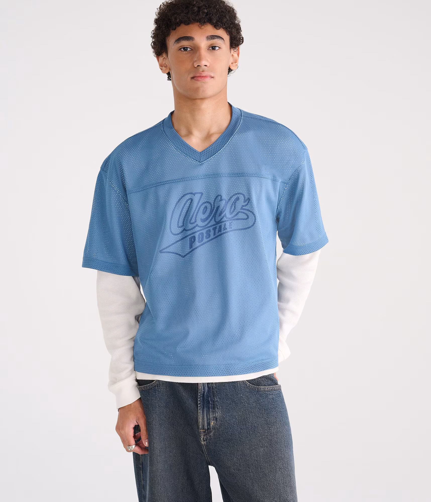 Long Sleeve Aero Logo Boxy Mesh Jersey 2Fer Tee ocean sparkle