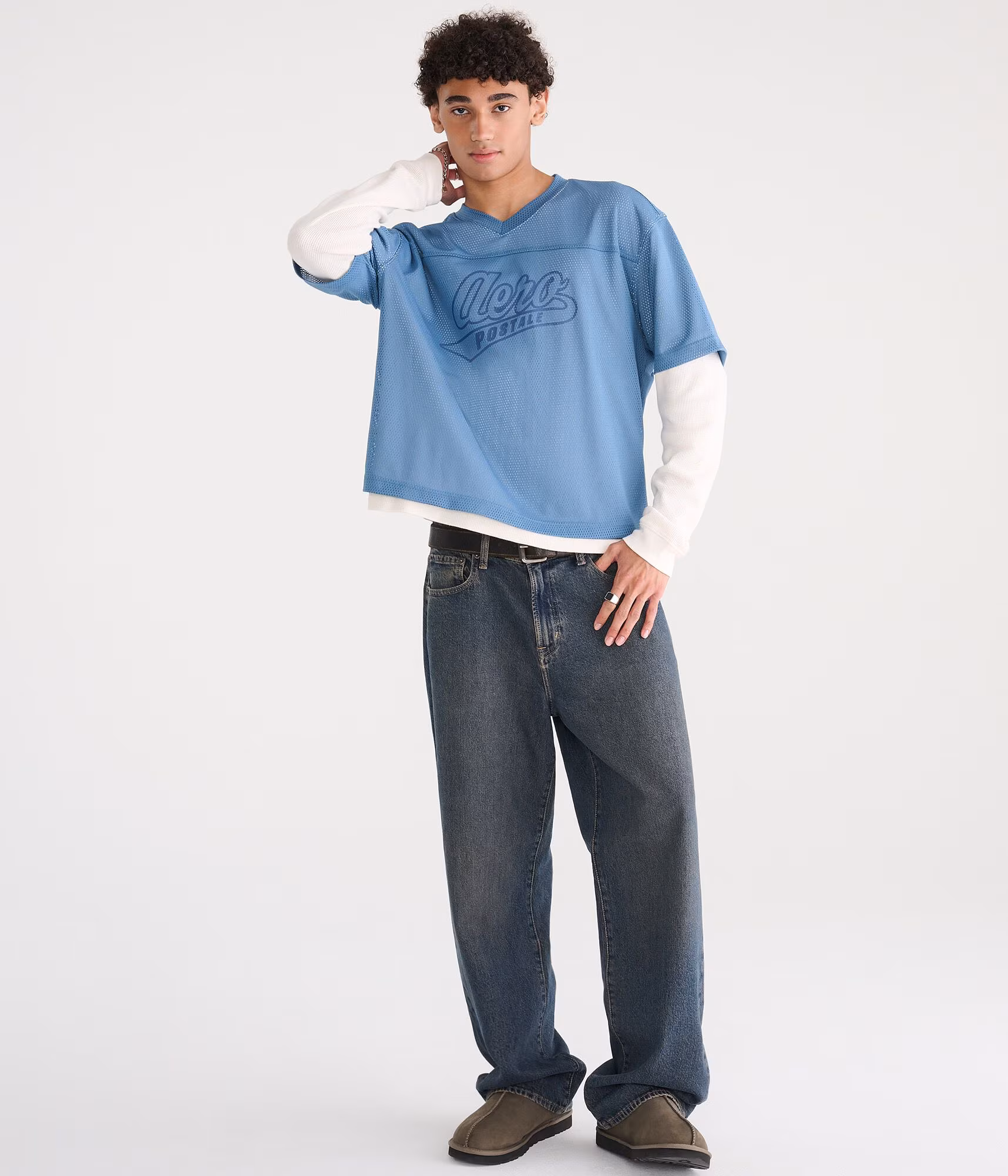 Long Sleeve Aero Logo Boxy Mesh Jersey 2Fer Tee ocean sparkle