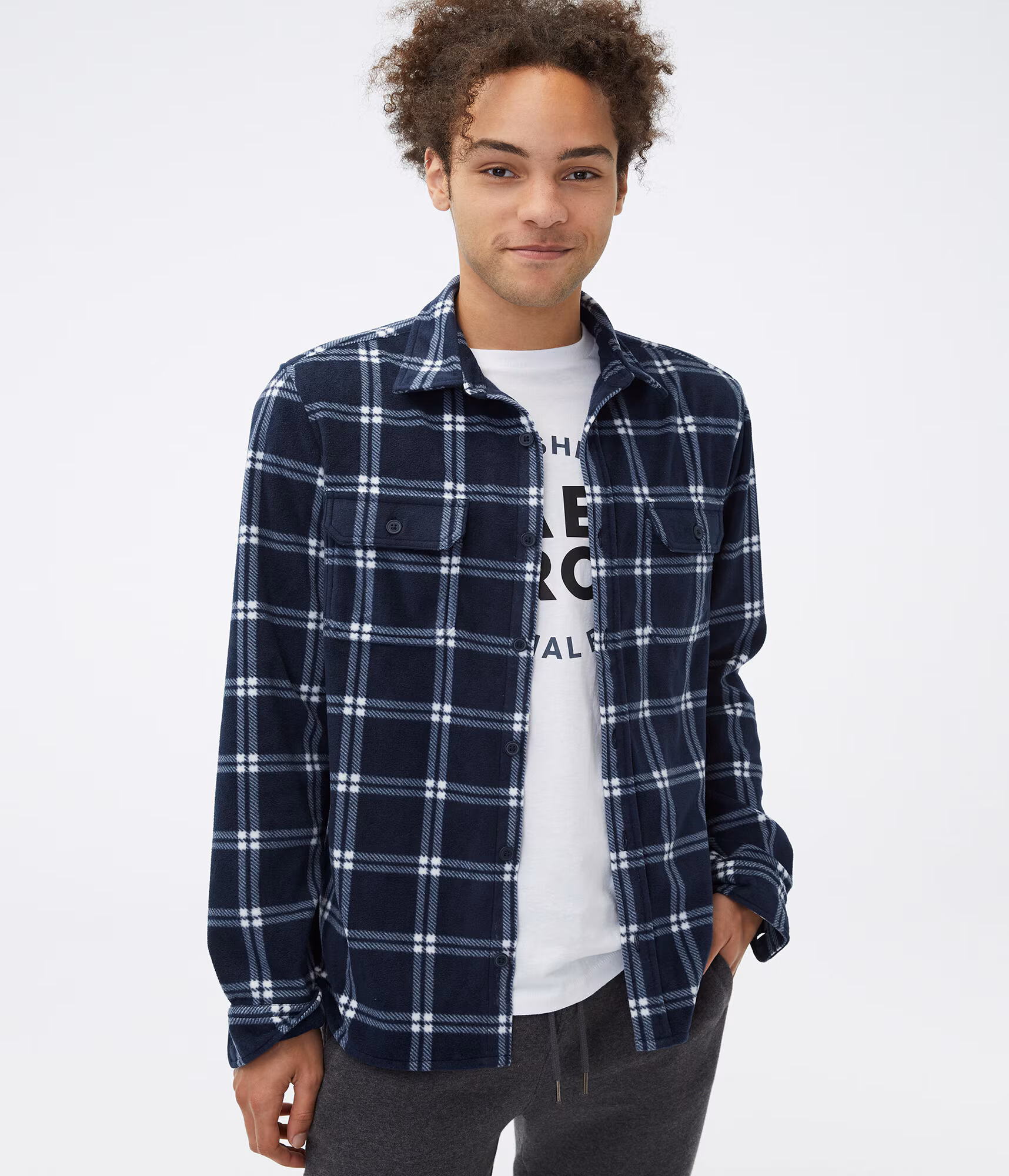 Long Sleeve Plaid Microfleece Button-Down Shirt cadet navy
