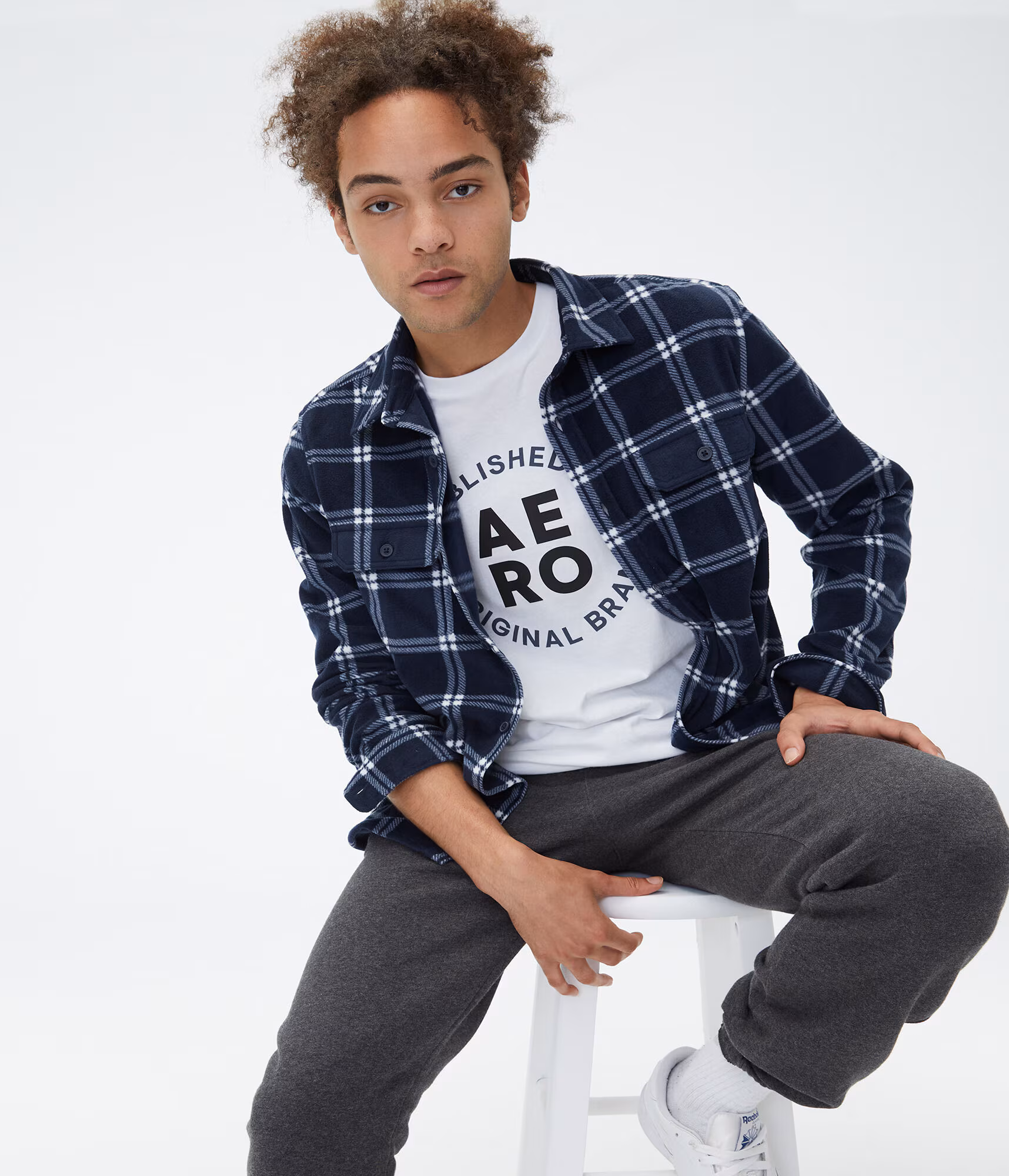 Long Sleeve Plaid Microfleece Button-Down Shirt cadet navy