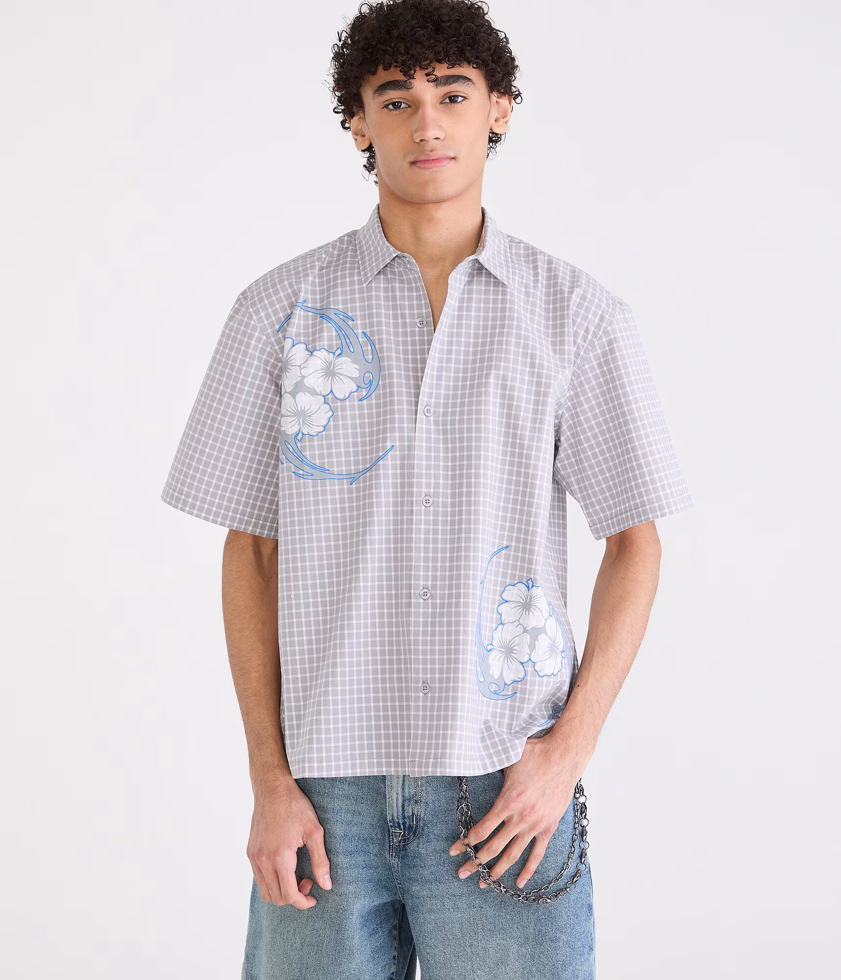 Floral Tattoo Microplaid Boxy Shirt seahawk