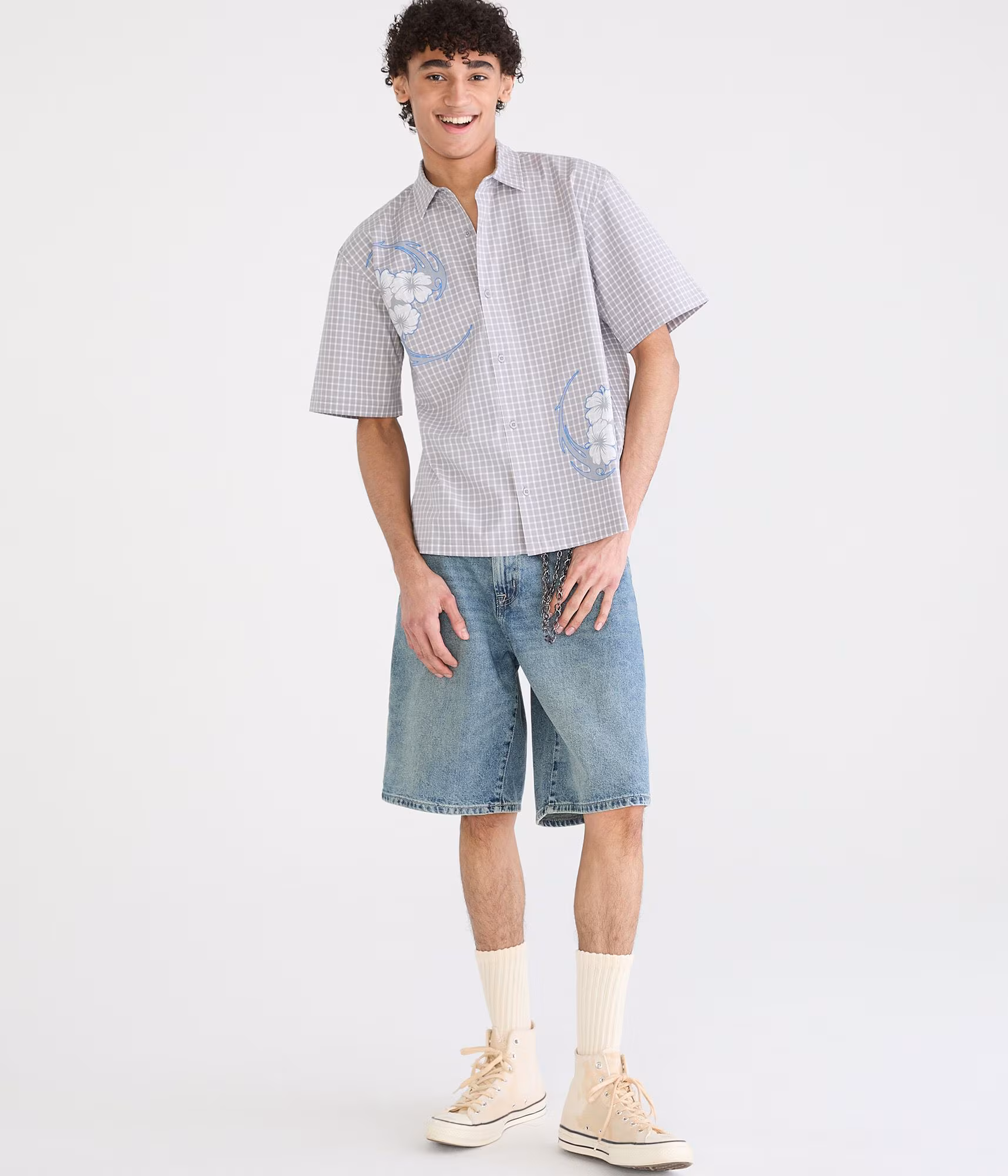 Floral Tattoo Microplaid Boxy Shirt seahawk
