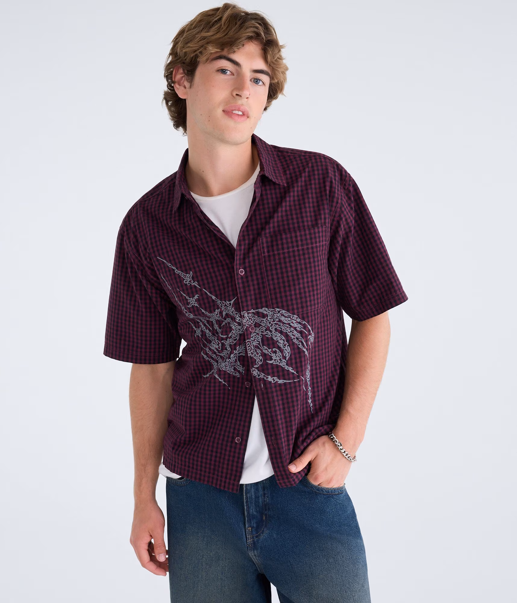 Graphic Microplaid Boxy Shirt noble burgundy
