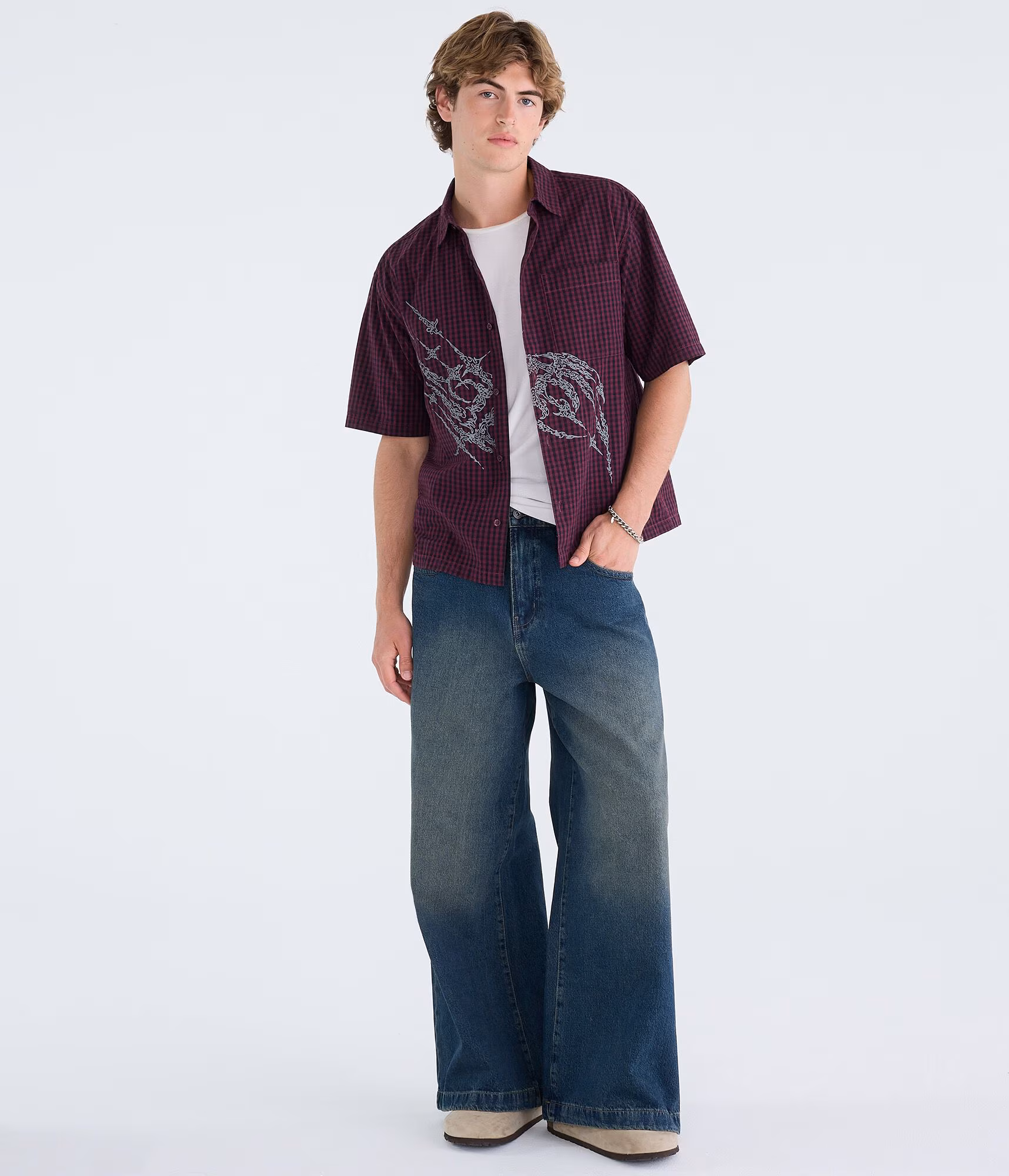 Graphic Microplaid Boxy Shirt noble burgundy