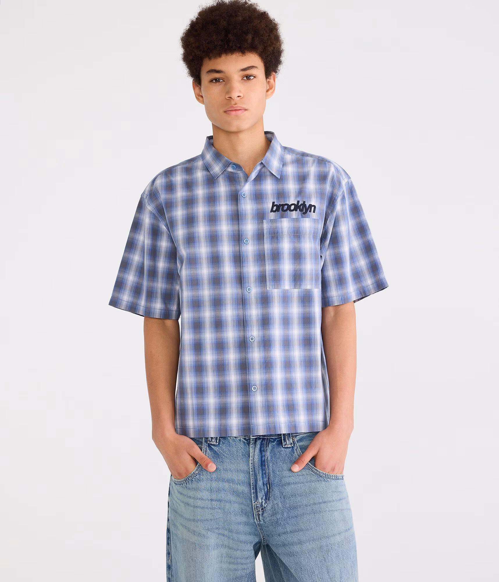 Brooklyn Microplaid Boxy Shirt blue
