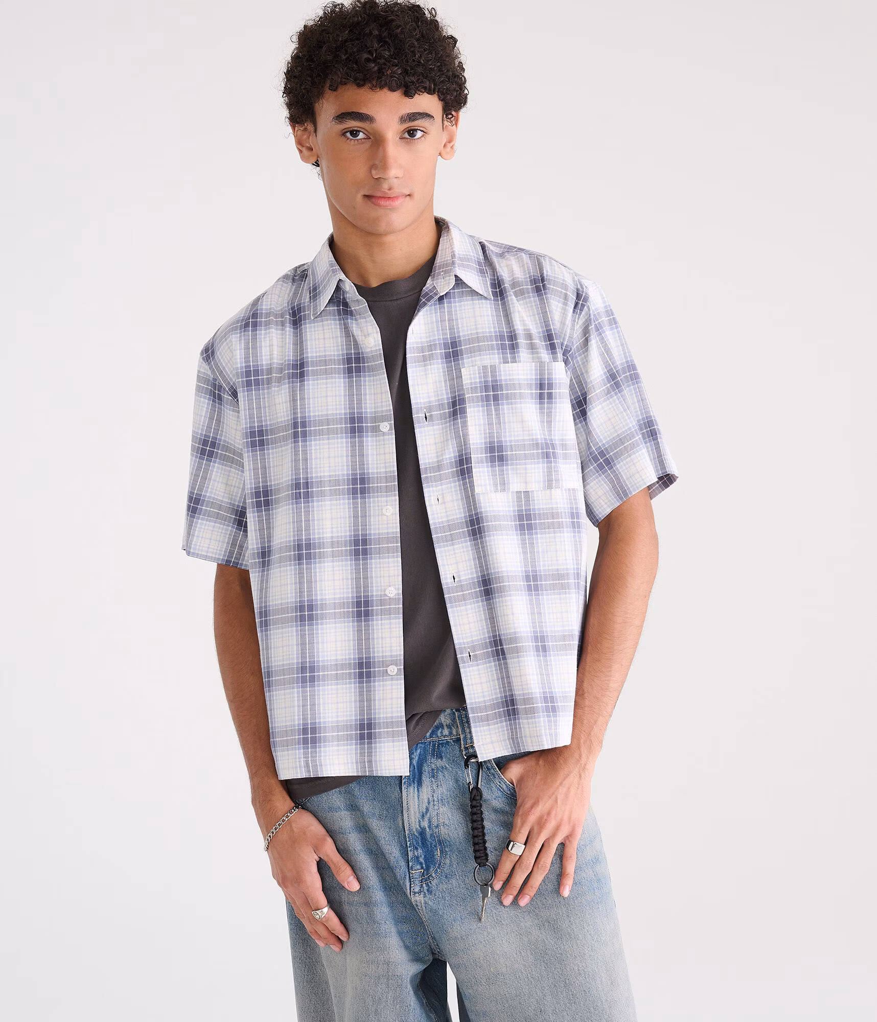 Gold Coast Microplaid Boxy Shirt brushed blue