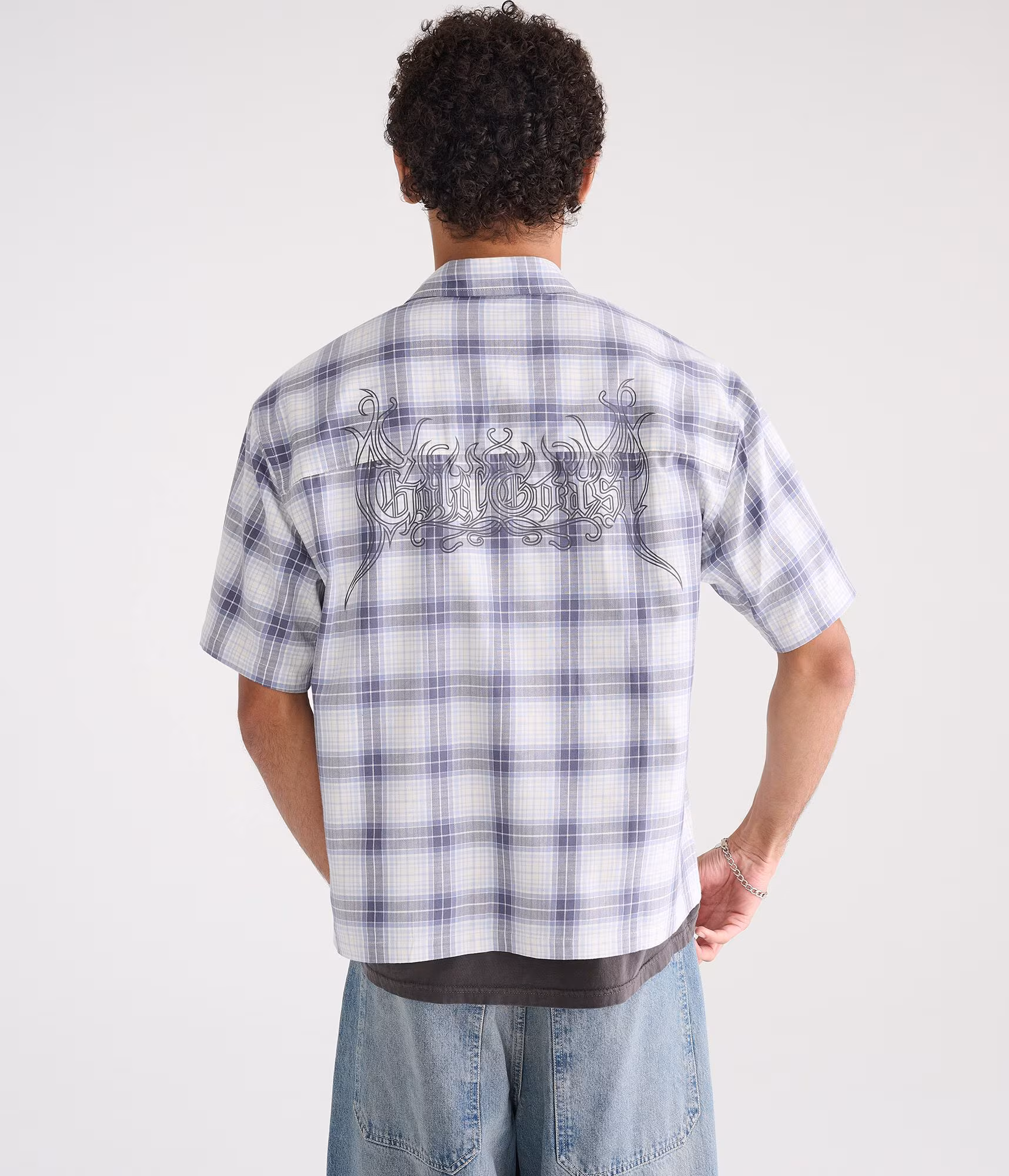 Gold Coast Microplaid Boxy Shirt brushed blue